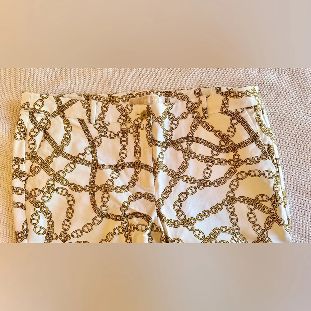 MICHAEL KORS Stretchy White & Gold Chain Print Skinny Pants